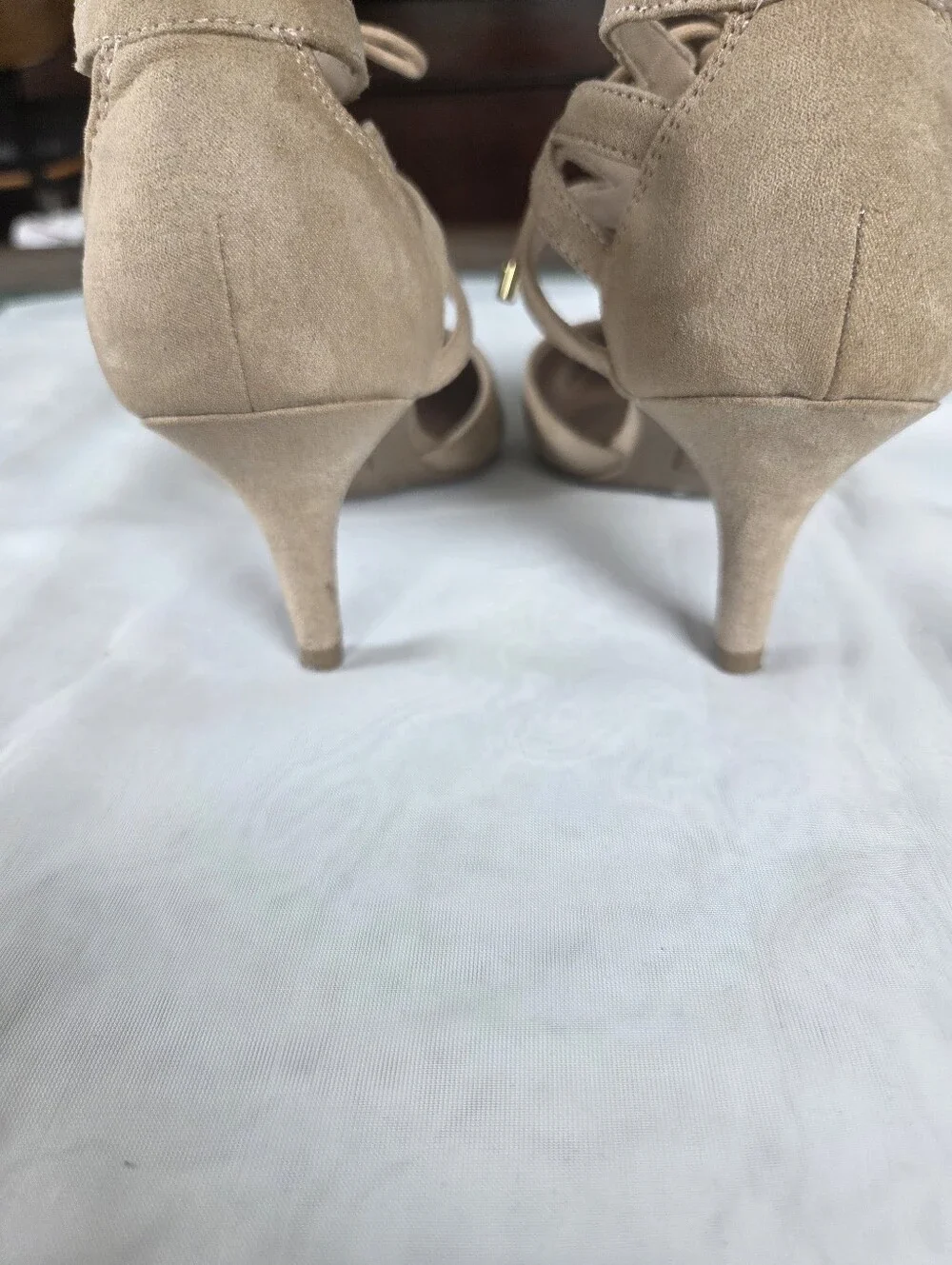 Lace-Up Pointed-Toe Heels‎ in Beige
